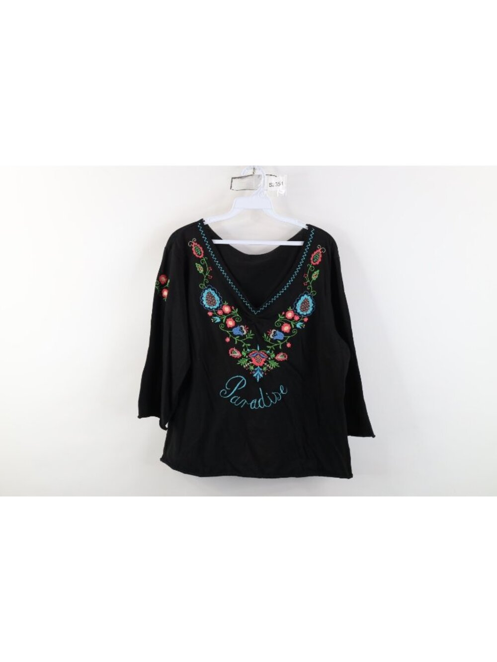 Vtg 90s Boho Chic Babydoll Womens Large Embroidered Flower Flared Sleeve T-Shirt